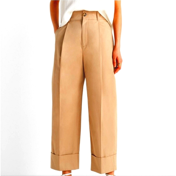 CLUB MONACO Cuffed Ankle Crop High Rise Beige Wide Legs - Picture 2 of 12